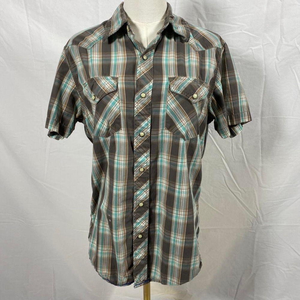 American Eagle blue brown plaid button up top snap buttons size small y2k vtg